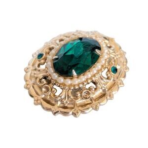 Vintage Signed Coro Pegasus Emerald Brooch with Pearls - Gold Tone